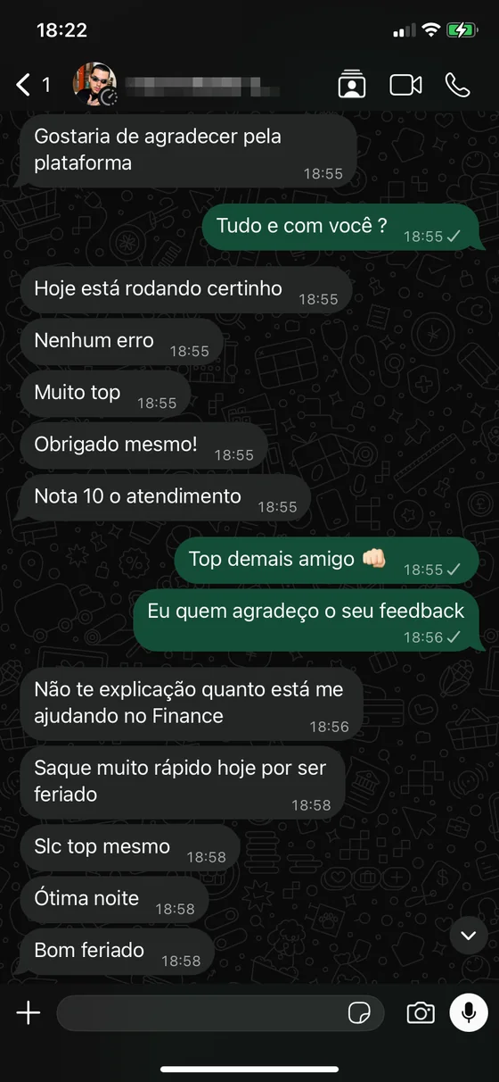 Print de WhatsApp: cliente agradece a plataforma e elogia o saque rápido