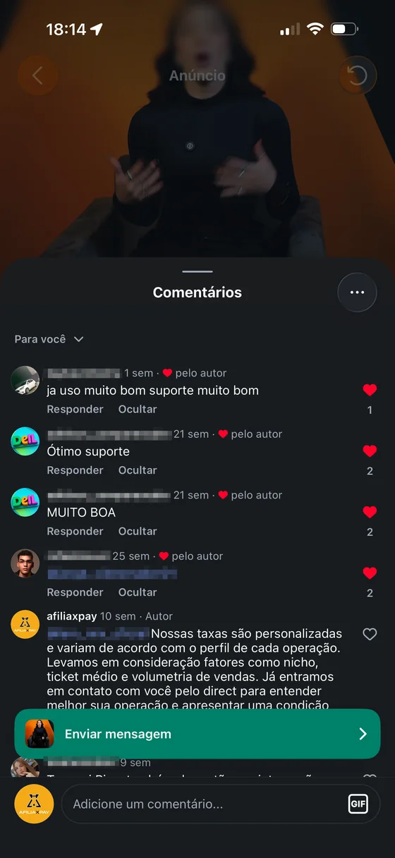 Print de comentários no Instagram elogiando o suporte da AfiliaxPay
