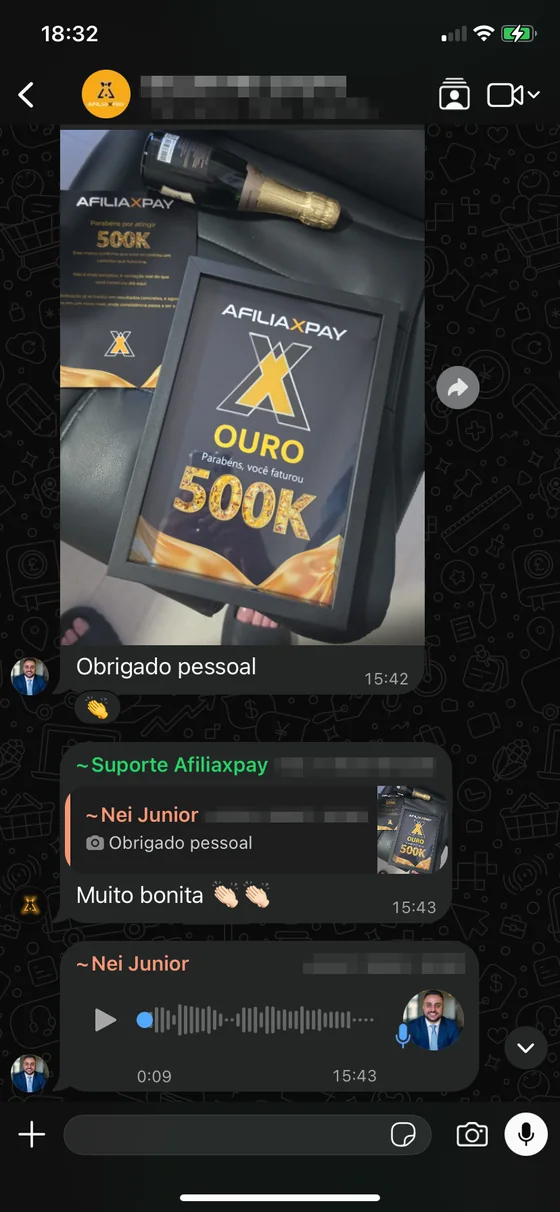 Print de conversa: cliente recebe placa de premiação Ouro 500K