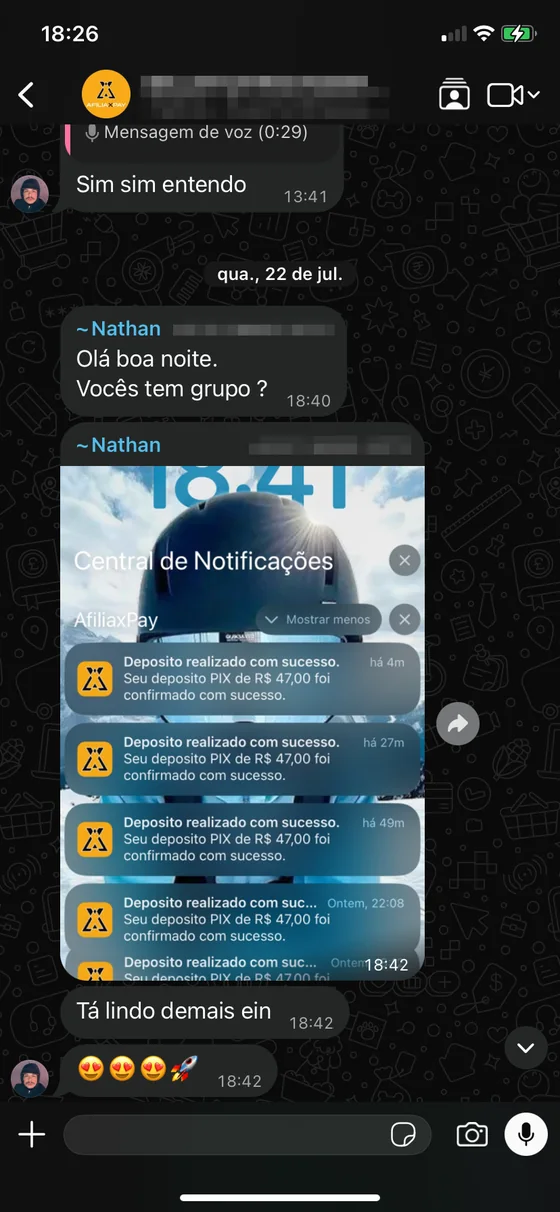 Print de conversa com notificações de depósitos confirmados